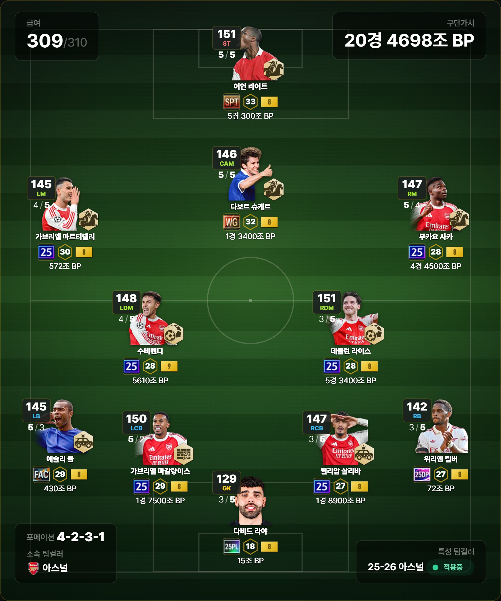 FC-RANK 스쿼드메이커로 구성한 구단가치 20경 4698조 아스날 4-2-3-1 스쿼드